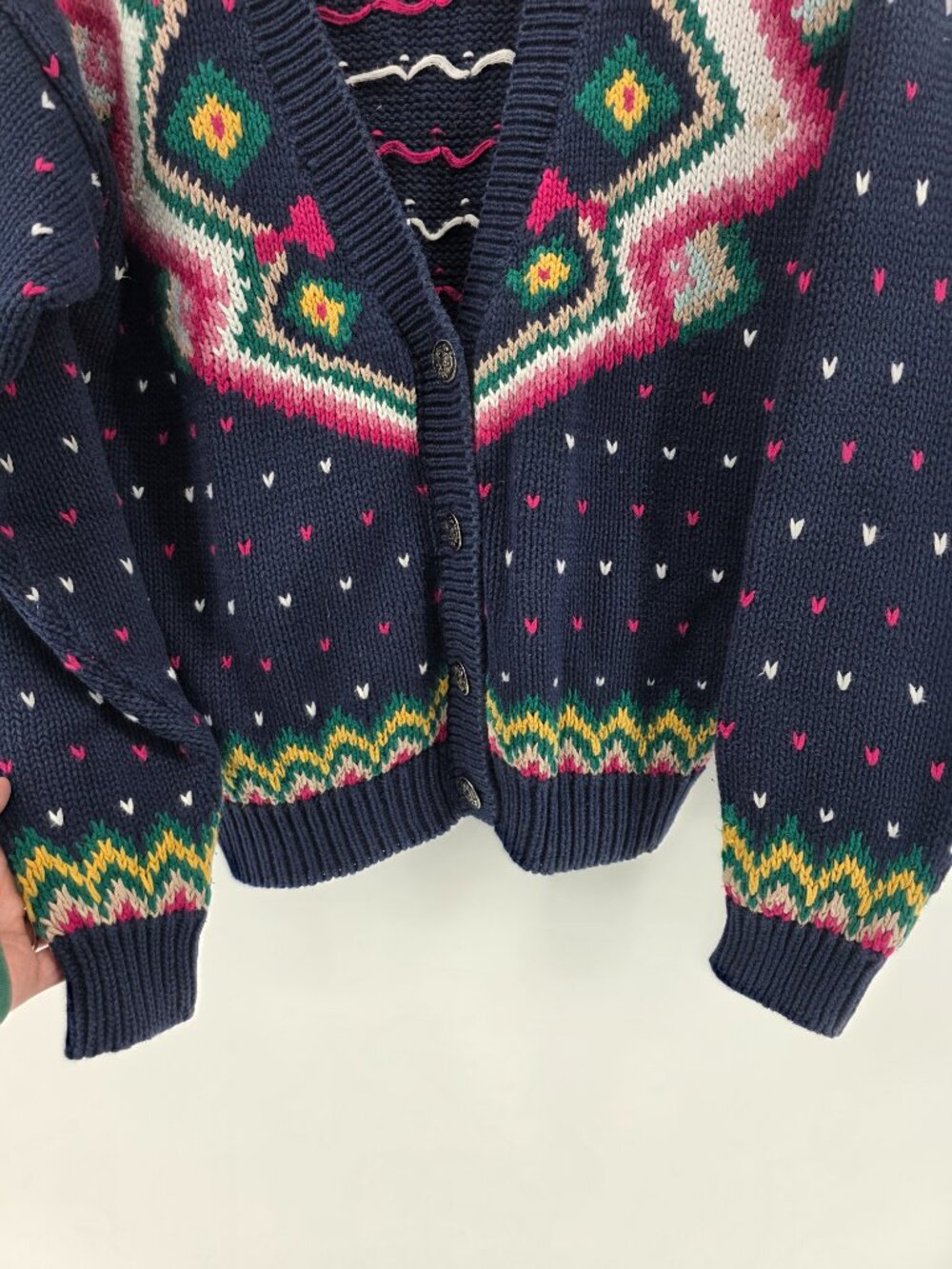 Margules Vintage Navy Fair Isle Heart Knit Cardigan Womens Small 80s 90s - Picture 5 of 9